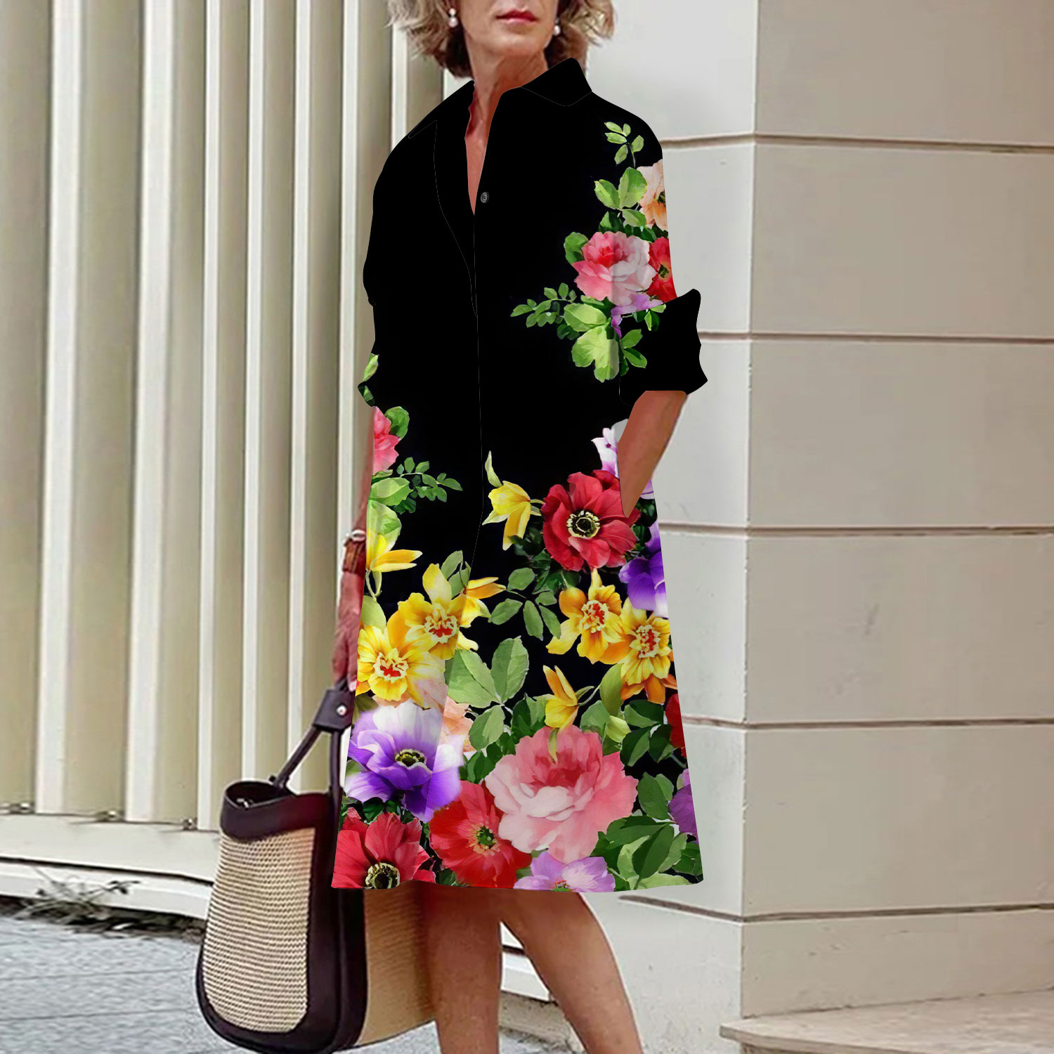 Midi Skirt Floral - Kemeja motif bunga wanita elegan, baju