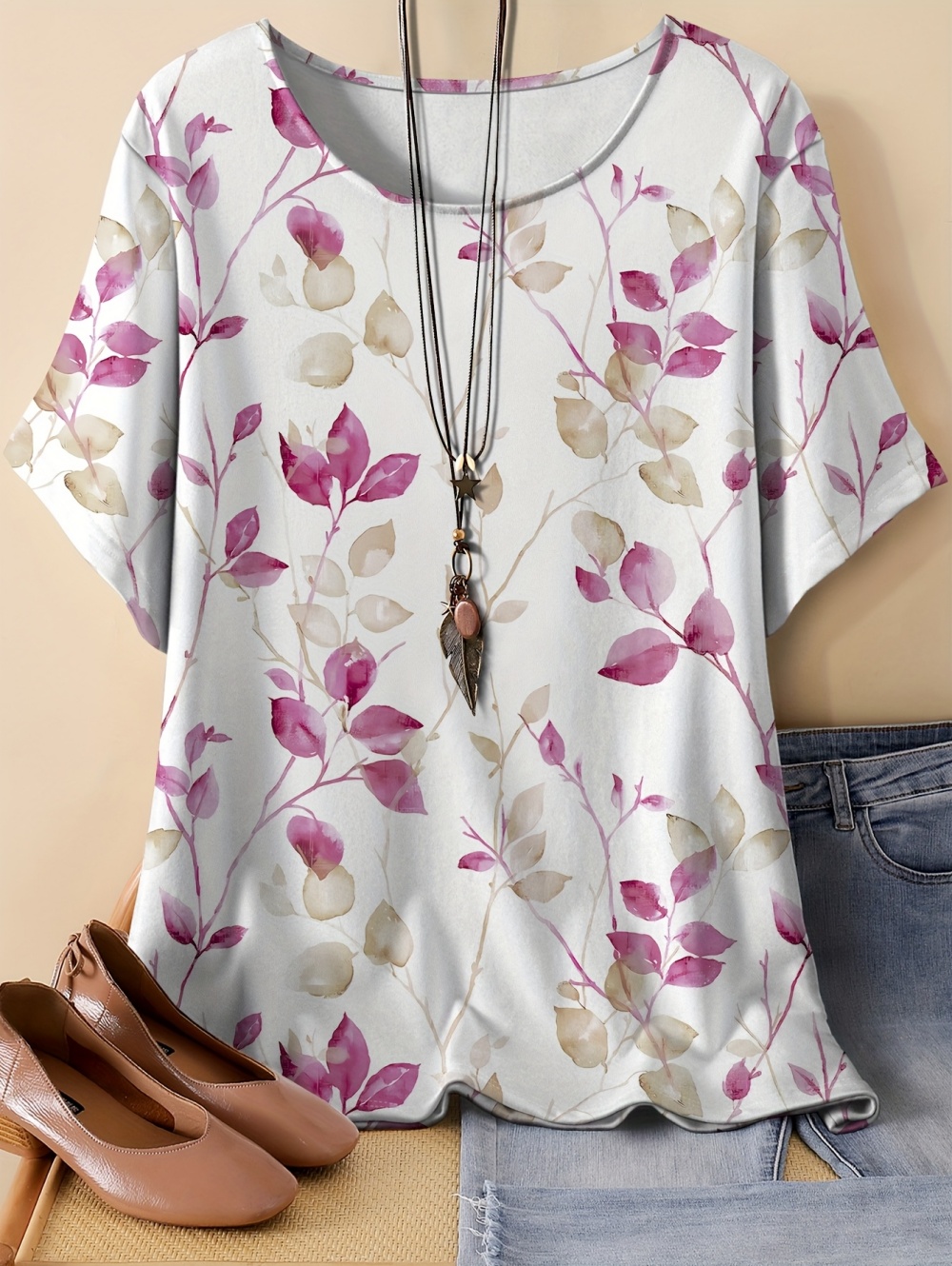 Romper Floral Print - Kaus Longgar Vintage Wanita Kerah O